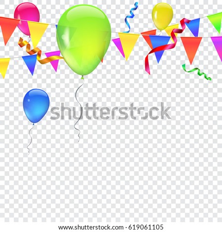 Festive background with flags, garlands, colored balls and confetti on transparent background, illustration for your presentation, posters, cover and other design