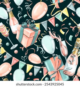 Festive balloons, gifts, champagne in glasses and bottles, confetti and flag garlands. Watercolor illustration. Seamless pattern from the collection of HAPPY BIRTHDAY. For design of congratulations - Powered by Shutterstock