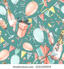 Festive balloons, gifts, champagne in glasses and bottles, confetti and flag garlands. Watercolor illustration. Seamless pattern from the collection of HAPPY BIRTHDAY. For design of congratulations - Powered by Shutterstock