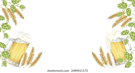 Festive banner template with beer mugs, barley, wheat, and hops in watercolor. Clipart with blank space Ideal for beer festival promotions, Oktoberfest, bar signage, and event invitations - Powered by Shutterstock