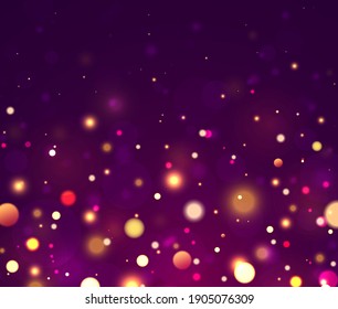 Festive Blue, Purple And Golden Luminous Background With Colorful Lights Bokeh. Christmas Concept Xmas Greeting Card. Magic Holiday Poster, Banner. Night Bright Gold Sparkles Light Abstract