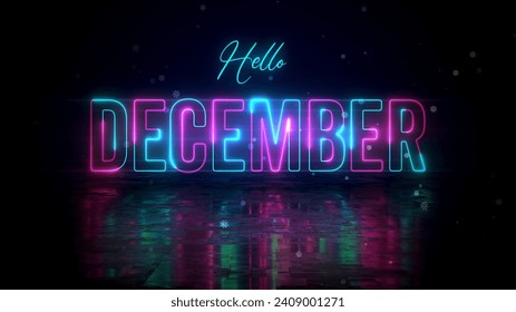 Festive Blue Red Glowing Neon Hello December Lettering With Floor Reflection Amid The Falling Snowflakes On Dark Background - Powered by Shutterstock