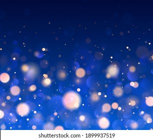 Festive Blue, Yellow, Orange Golden Luminous Background With Colorful Lights Bokeh. Christmas Concept Xmas Greeting Card. Magic Holiday Poster, Banner. Night Bright Gold Sparkles Light Abstract