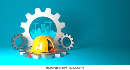 A Festive Cake In A Yellow Protective Helmet Shape On A Blue Gear Background.
3D Render Template For The Builder's And Engineer's Day, Labor Day Or A Construction Company Anniversary.