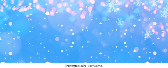 Festive Celebration Christmas / Xmas / Advent / Winter / Snow Holiday Background Banner Panorama Template - Abstract Blue Paper Texture With Pink Bokeh Light, Snowy Snowflakes And Ice Crystals