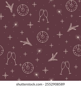 Festive celebration pattern featuring clocks, champagne glasses, and sparkling elements on a deep burgundy background
 - Powered by Shutterstock