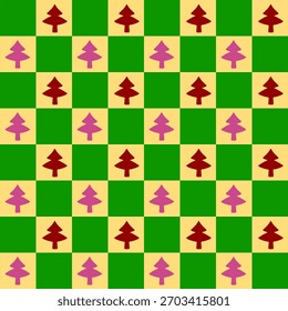 
Festive checkerboard pattern featuring alternating rows of deep red and pink stylized Christmas trees on a bright green and white background, perfect for holiday decor or digital use