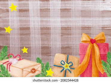 Festive checkered craft paper background with space for text, gift box painted in watercolor. Backdrop with surprise package, present. Artistic hand drawn new year, christmas greeting card, invitation - Powered by Shutterstock