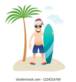 Festive Christmas banner man on beach stands under  palm tree isolated. Caucasian happy man in glasses, christmas hat and shorts with surfboard. New Year holidays.  - Powered by Shutterstock