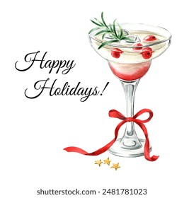 Festive Christmas Cranberry Margarita cocktail, greeting card concept. Hand drawn watercolor illustration  isolated on white background - Powered by Shutterstock