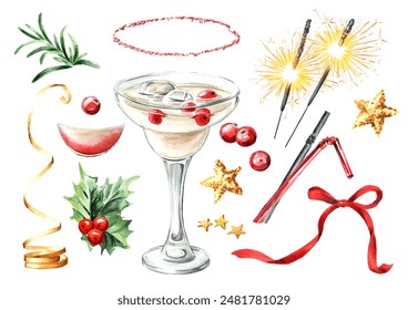 Festive Christmas Cranberry Margarita cocktail with decor elements set. Hand drawn watercolor illustration isolated on white background - Powered by Shutterstock