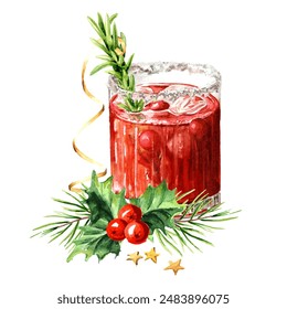 Festive Christmas drink, refreshing cranberry cocktail. Hand drawn watercolor illustration, isolated on white background - Powered by Shutterstock