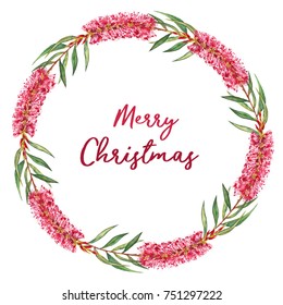 Festive Christmas Floral Wreath With Hand Painted Watercolor Bottlebrush Flowers. Red And Green Colored Design With Merry Christmas Text.