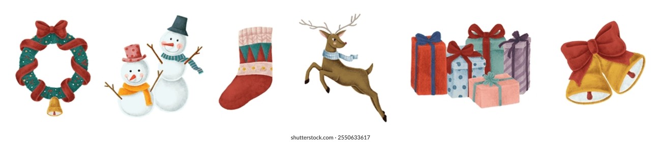 Festive Christmas icons: wreath, snowmen, stocking, reindeer, gifts, bells. Christmas cheer with wreath, snowmen, and gifts. Holiday joy with reindeer and bells. Festive holiday illustrations isolated - Powered by Shutterstock