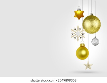 Festive Christmas illustration with gold decorations on light background, shadow. Banner with space for copy, Christmas greeting card, golden balls, snowflake, star - Powered by Shutterstock