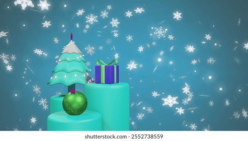 A festive Christmas setup features a tree and gifts, with copy space. Snowflakes add a wintry charm to the holiday-themed background.