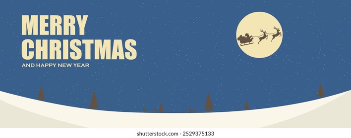 A festive Christmas vintage banner featuring Santa Claus and his reindeer flying across a moonlit sky above a snowy landscape. The text "Merry Christmas and Happy New Year" convey joy and celebration. - Powered by Shutterstock