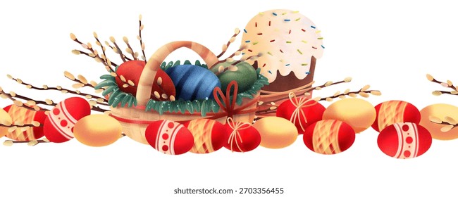 Festive Easter border with colored eggs, sweet cake and willow branches arranged in a horizontal composition on a white background. Suitable for cards, banners, seasonal templates and holiday layouts