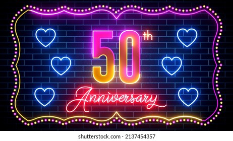 Festive Glowing Shine 50th Anniversary Text With Hearts Neon Light Inside Dots And Art Line Border Frame On Brick Wall Background