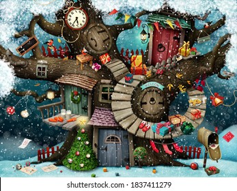 Festive greeting card or poster congratulation Merry Christmas with tree in the forest and Christmas elements - Powered by Shutterstock