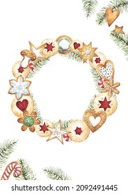 Festive Greeting Card Template With Christmas, Winter Or New Year Themed Watercolor Clipart, Including Gingerbread Cookies Wreath And Pine Branches Decoration On White Background