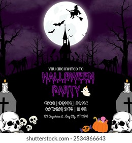 Festive Halloween party invitation template with whimsical illustrations and bold typography, ideal for inviting friends to a spooky gathering. - Powered by Shutterstock