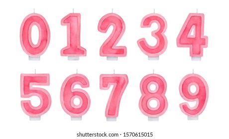 Festive Illustration Collection Of Bright Pink Birthday Cake Candle Numbers (0, 1, 2, 3, 4, 5, 6, 7, 8, 9). Hand Painted Water Color Graphic On White Background, Cutout Elements For Design Decoration.