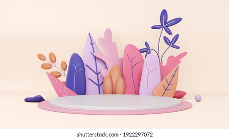 Festive pastel background  greeting card, template with abstract flowers, leaves - 3d render. Nature showcase podium, platform for advertising product, goods.  - Powered by Shutterstock