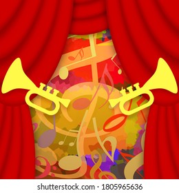 Festive performance stage with red curtains, loud trumpets and music notes on background