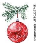 Festive red Christmas bal with snowflakes on green pine branch, watercolor holiday bauble illustration isolated on white