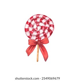 A festive red and white lollipop tied with a bright red ribbon bow. Watercolor illustration of a Christmas lollipop. Perfect for Christmas cards, gift tags, invitations and holiday decorations. - Powered by Shutterstock