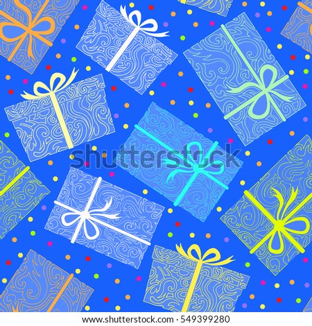 Festive seamless elegant pattern with colorful presents and gifts decorated with bowls on blue background with dots. Background for holidays, celebrations and events. Wrapping paper design
