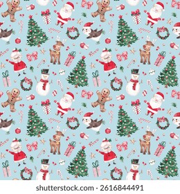 Festive seamless pattern. Cute characters and Christmas tree hand drawn with watercolor. Xmas design for wrapping paper, textile, fabric, giftware, packaging