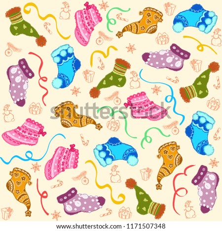 Festive seamless raster New Year and Christmas pattern with colorful socks for gifts, winter festive drawings and bright serpentine.