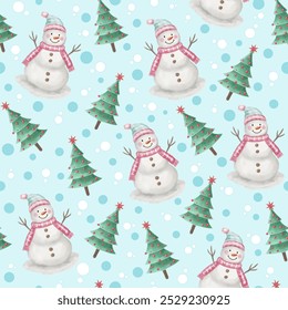 Festive Snowman and Christmas Elements Seamless Pattern – Fun Holiday Design with Snowman, Christmas tree, Snowflakes, and Ornaments for Seasonal Wrapping, Crafts - Powered by Shutterstock