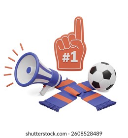 Festive soccer elements megaphone, foam hand glove, and scarf indicating a football celebration For illustrating a sporting event or a football party.
