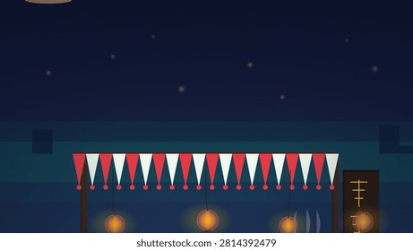Festive string lights and red and white triangular pennants hang against a starry night sky above a silhouetted building.