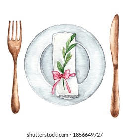 Festive Wedding Table Setting With A Plate And Cutlery. Cutlery Fork And Knife Watercolor On A White Background. 