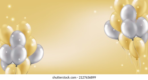 Festive wide poster of two bunches of golden and silver balloons with empty space in center. 3D realistic inflatable balls. - Powered by Shutterstock