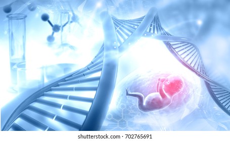 Fetal mit DNA auf abstraktem Hintergrund. 3D-Illustration