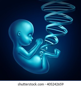 Fetus Dna Medical Concept As A Human Unborn Child Inside A Pregnant Woman With A Double Helix Shaped As An Umbilical Cord As A Medical Prenatal Gene Therapy And Cloning Symbol As A 3D Illustration.