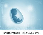 fetus inside the womb, tech background, 3d render