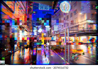 Few pedestrians on the rather busy street in metaverse conceptual reality imagination virtual and real world - cyberspace hypothesized iteration of the internet, supporting persistent virtual life