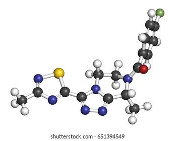 Fezolinetant Drug Molecule (NK3 Receptor Inhibitor). 3D Rendering. Atoms Are Represented As Spheres With Conventional Color Coding: Hydrogen (white), Carbon (grey), Nitrogen (blue), Oxygen (red), Etc