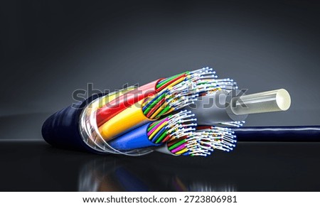 Fiber optic cable exploding colorful data connections 3d