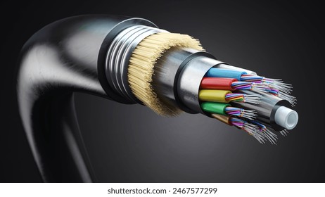 Fiber optic cable. Multimode all-media self-supporting fiber optic cable structure on black background. 3d illustration
