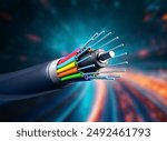 Fiber optic cable on blurred technology background, 3d rendering