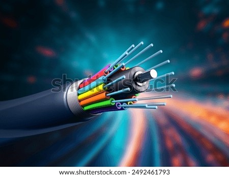 Fiber optic cable on blurred technology background, 3d rendering