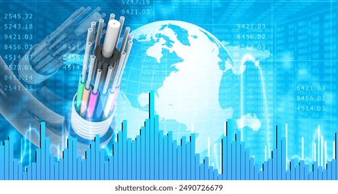 Fiber optic cable on stock market background. 3d illustration			