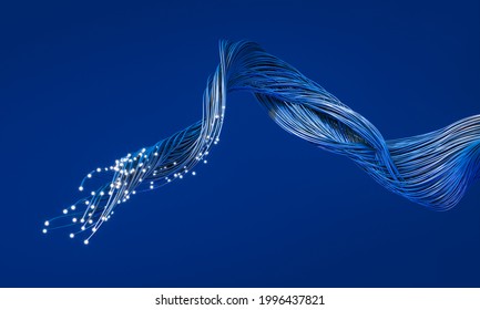 Fiber Optic Cables With Luminous Terminations. Concept Of Fast Internet, Telecommunication. 3d Render.